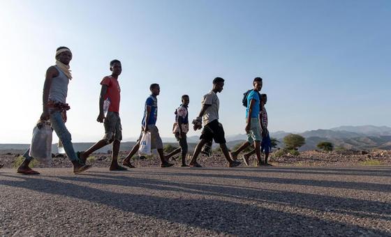 A group of young migrant men on the move in eastern Africa.